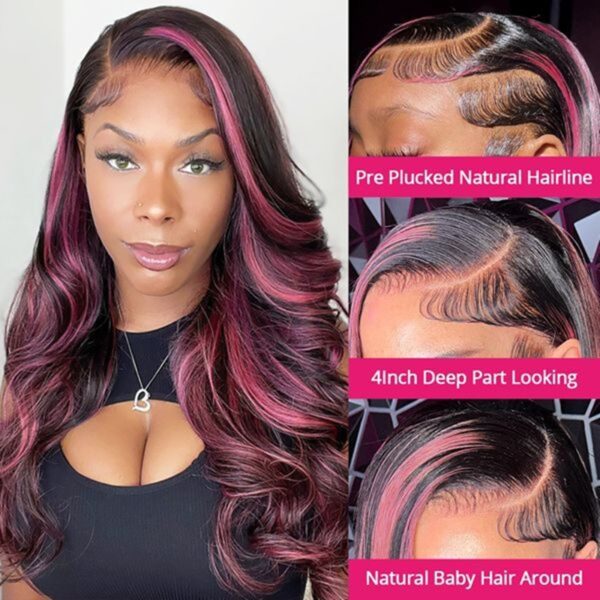 Purple Highlights Body Wave 13x4 Transparent Lace Front Wig 180% Density - Image 2